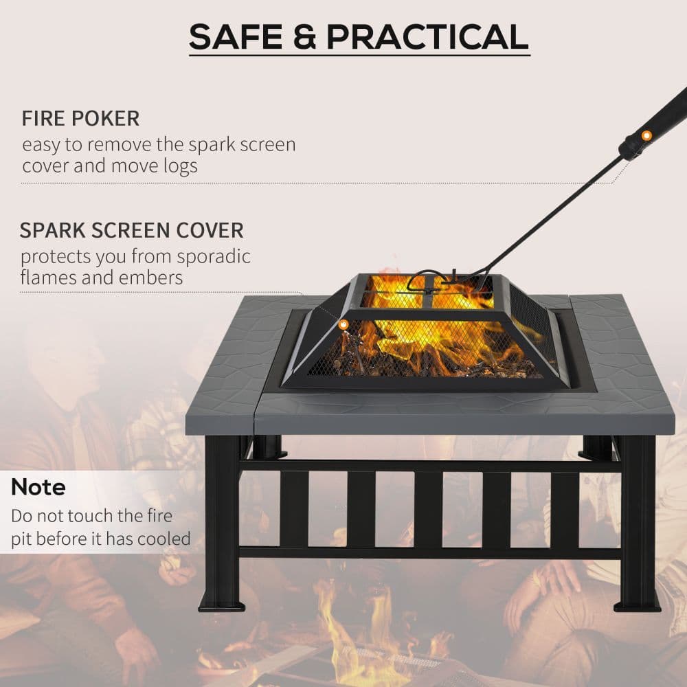 image-Outsunny Fire Pit, Square Shape, W/Waterproof Cover-Black/Grey