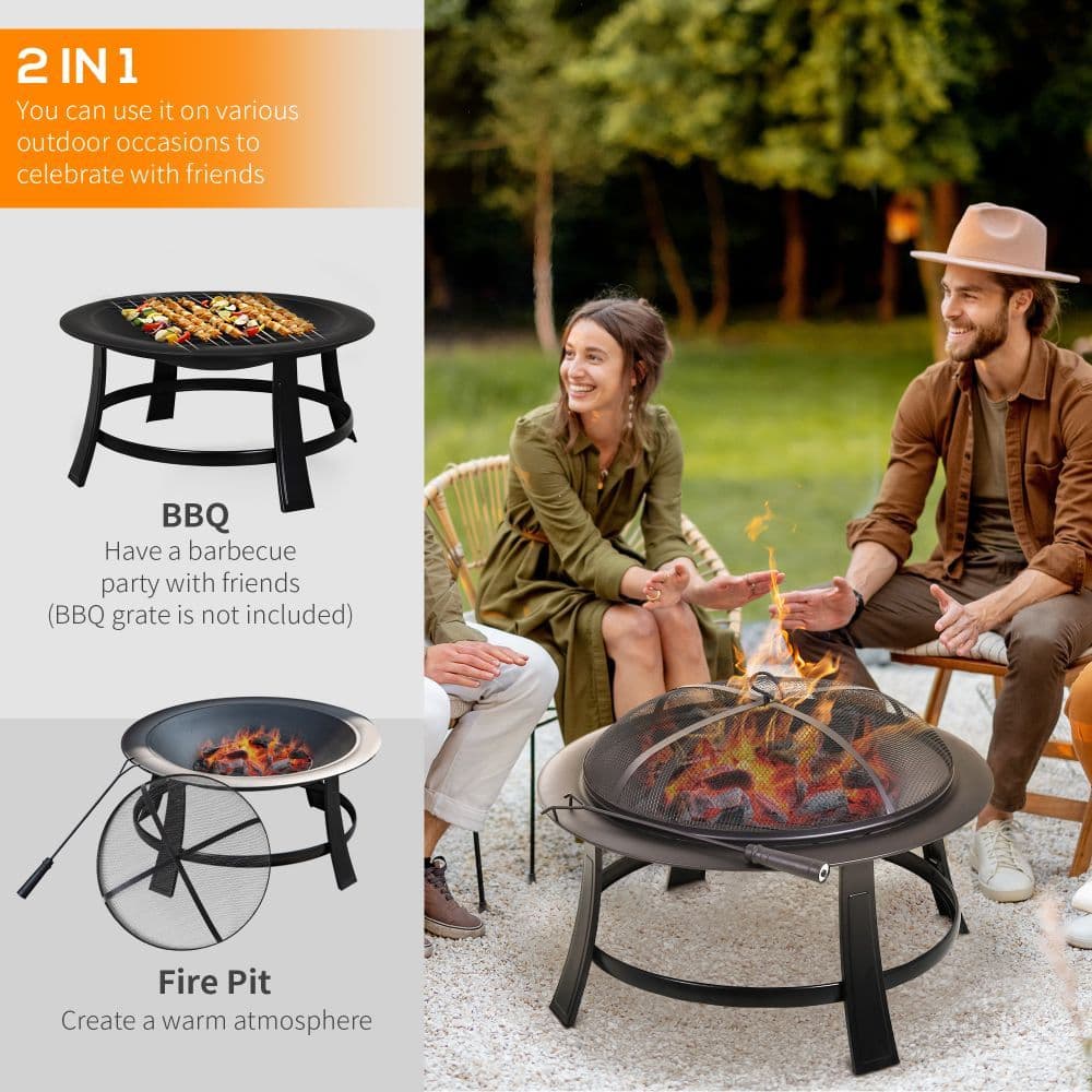 image-Outsunny 30� Round Metal Fire Pit With Cover-Black | Aosom.co.uk