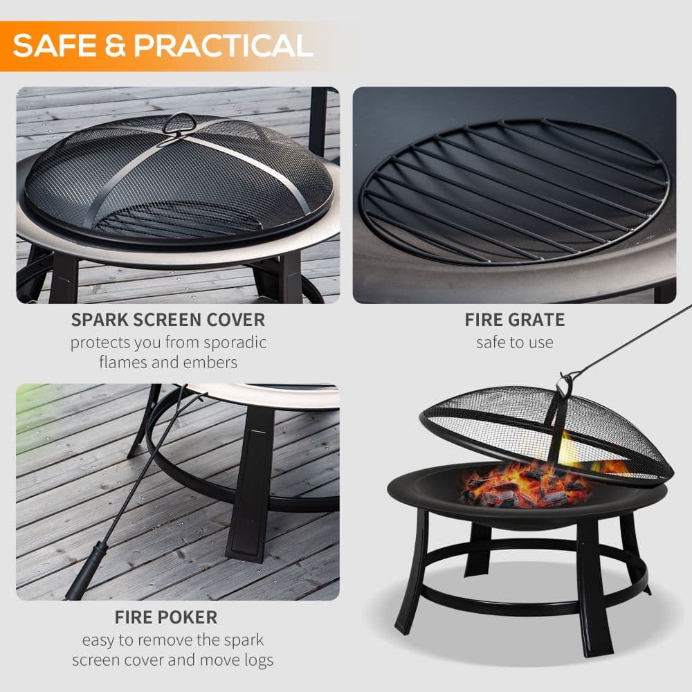 image-Outsunny 30� Round Metal Fire Pit With Cover-Black | Aosom.co.uk