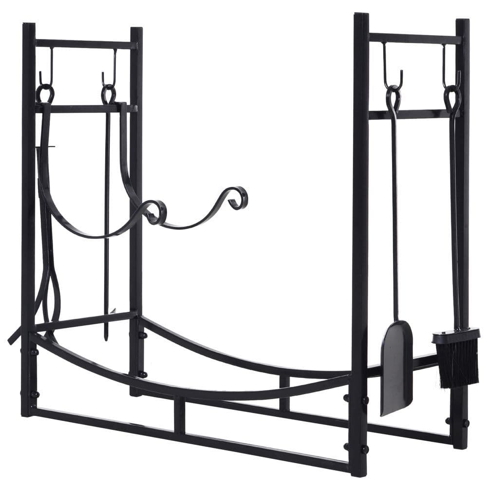 image-Firewood Stand Log Rack Holder 84cm with 4-PC Fireplace Tools Set