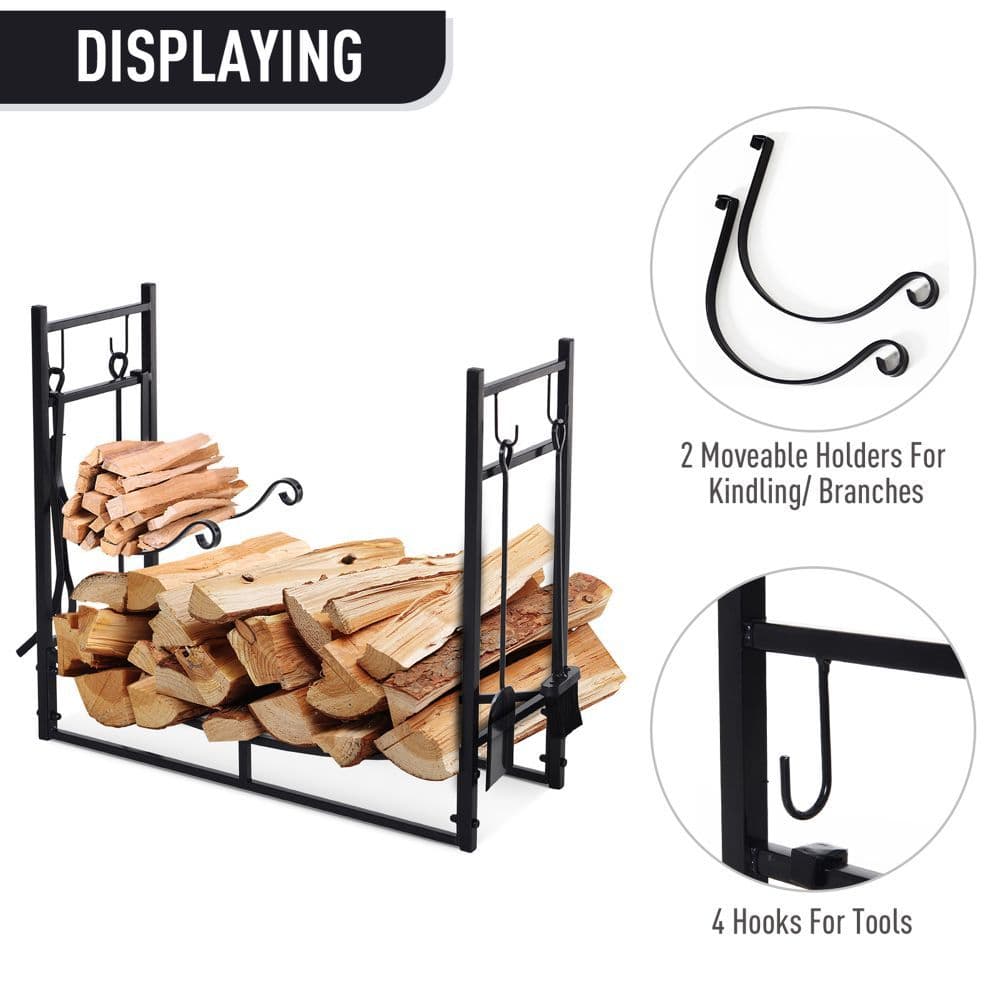 image-Firewood Stand Log Rack Holder 84cm with 4-PC Fireplace Tools Set
