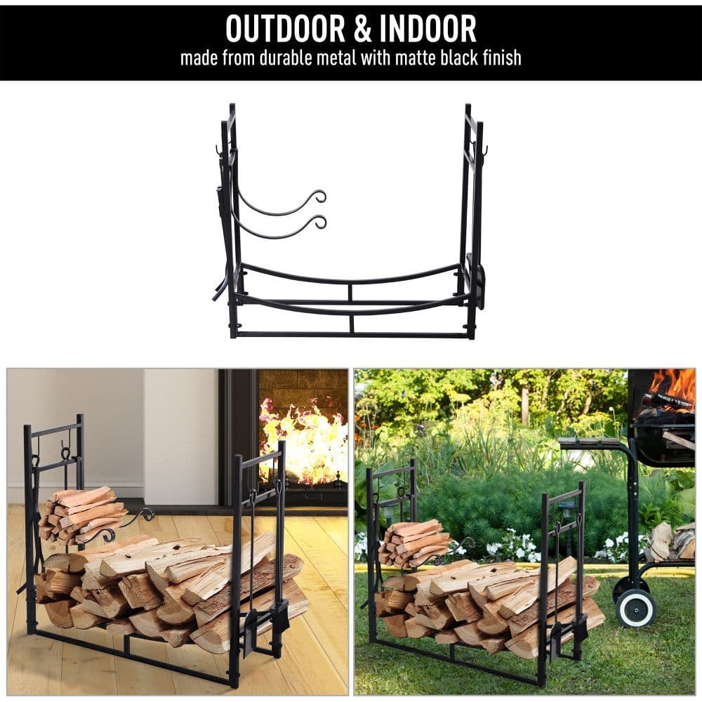 image-Firewood Stand Log Rack Holder 84cm with 4-PC Fireplace Tools Set