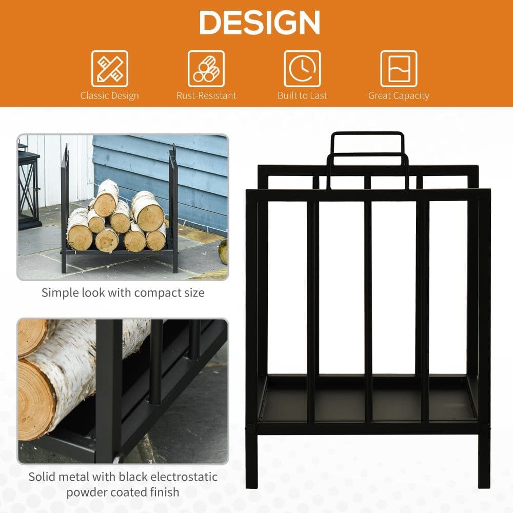 image-Firewood Log Rack Fireplace Holder Wood Storage Rack with 2 Handles Out Indoor