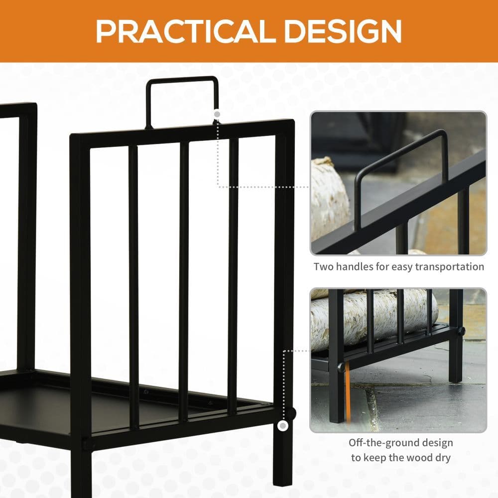 image-Firewood Log Rack Fireplace Holder Wood Storage Rack with 2 Handles Out Indoor