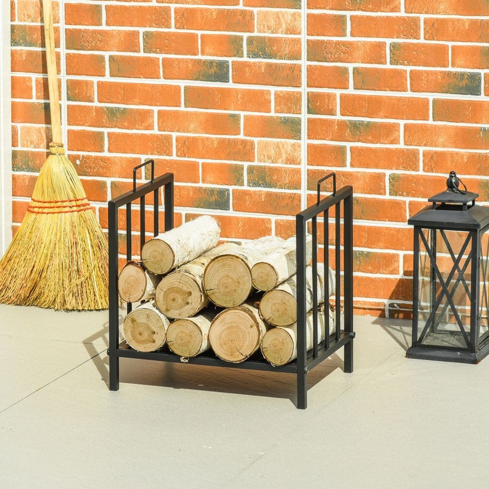image-Firewood Log Rack Fireplace Holder Wood Storage Rack with 2 Handles Out Indoor
