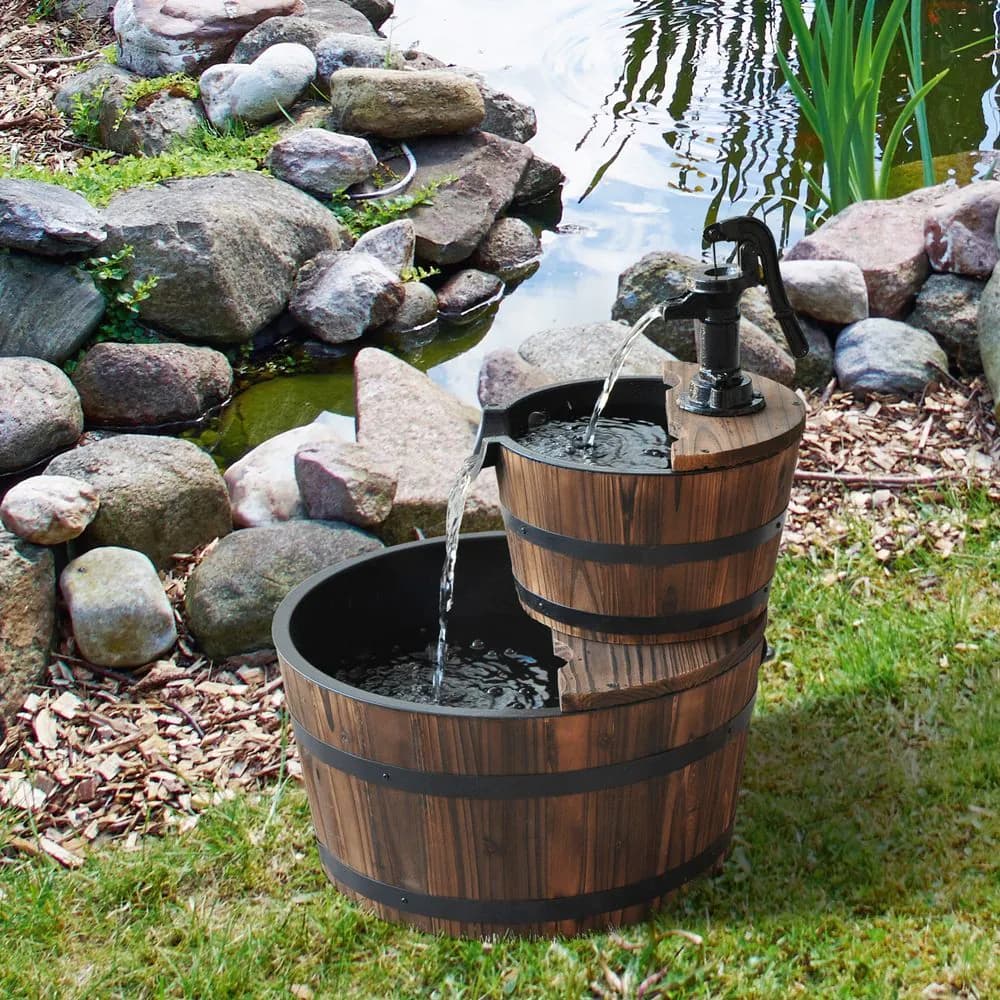 image-Wooden Water Pump Fountain, 2 Tier-Fir Wood/Steel