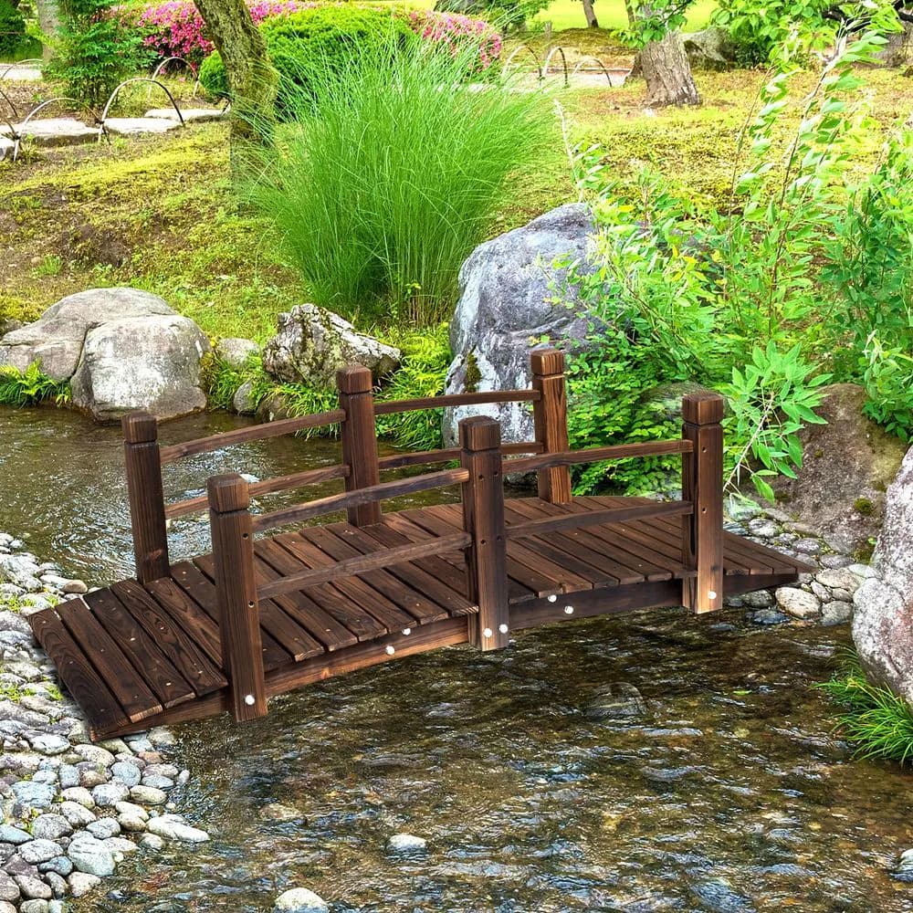 image-Wooden Garden Bridge Lawn Decor Stained Finish Arc Outdoor Pond Walkway
