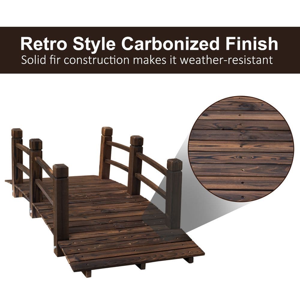 image-Wooden Garden Bridge Lawn Decor Stained Finish Arc Outdoor Pond Walkway