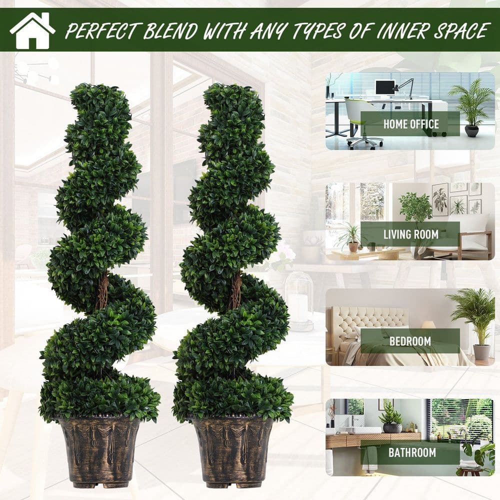 image-PE Set of 2 Artificial Boxwood Spiral Topiary Plant Tree's Green