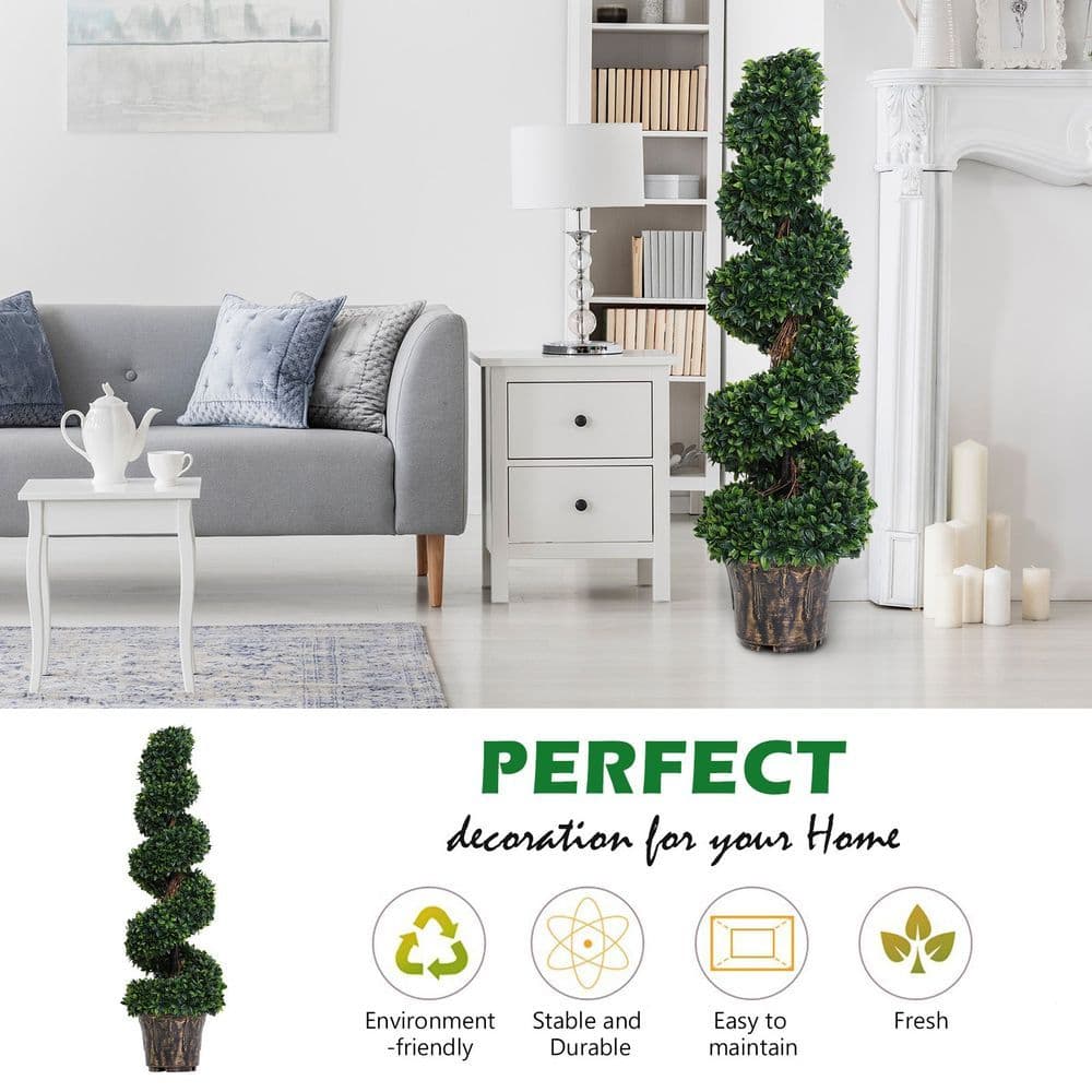 image-PE Set of 2 Artificial Boxwood Spiral Topiary Plant Tree's Green
