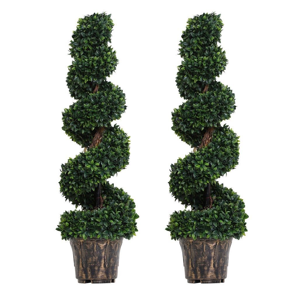 image-PE Set of 2 Artificial Boxwood Spiral Topiary Plant Tree's Green