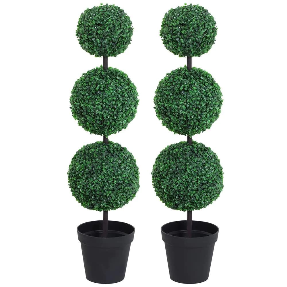 image-PE Set of 2 Artificial Boxwood Three Balls Topiary Plant Tree's Green