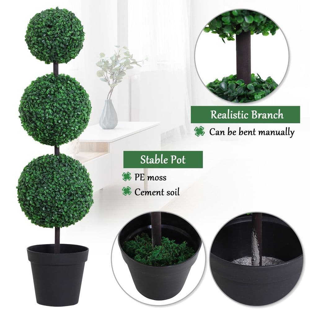 image-PE Set of 2 Artificial Boxwood Three Balls Topiary Plant Tree's Green