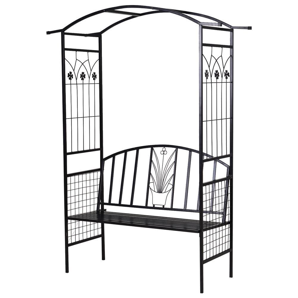 image-Steel Frame Outdoor Garden Arch w/ 2-Seater Bench Flower Climber Black