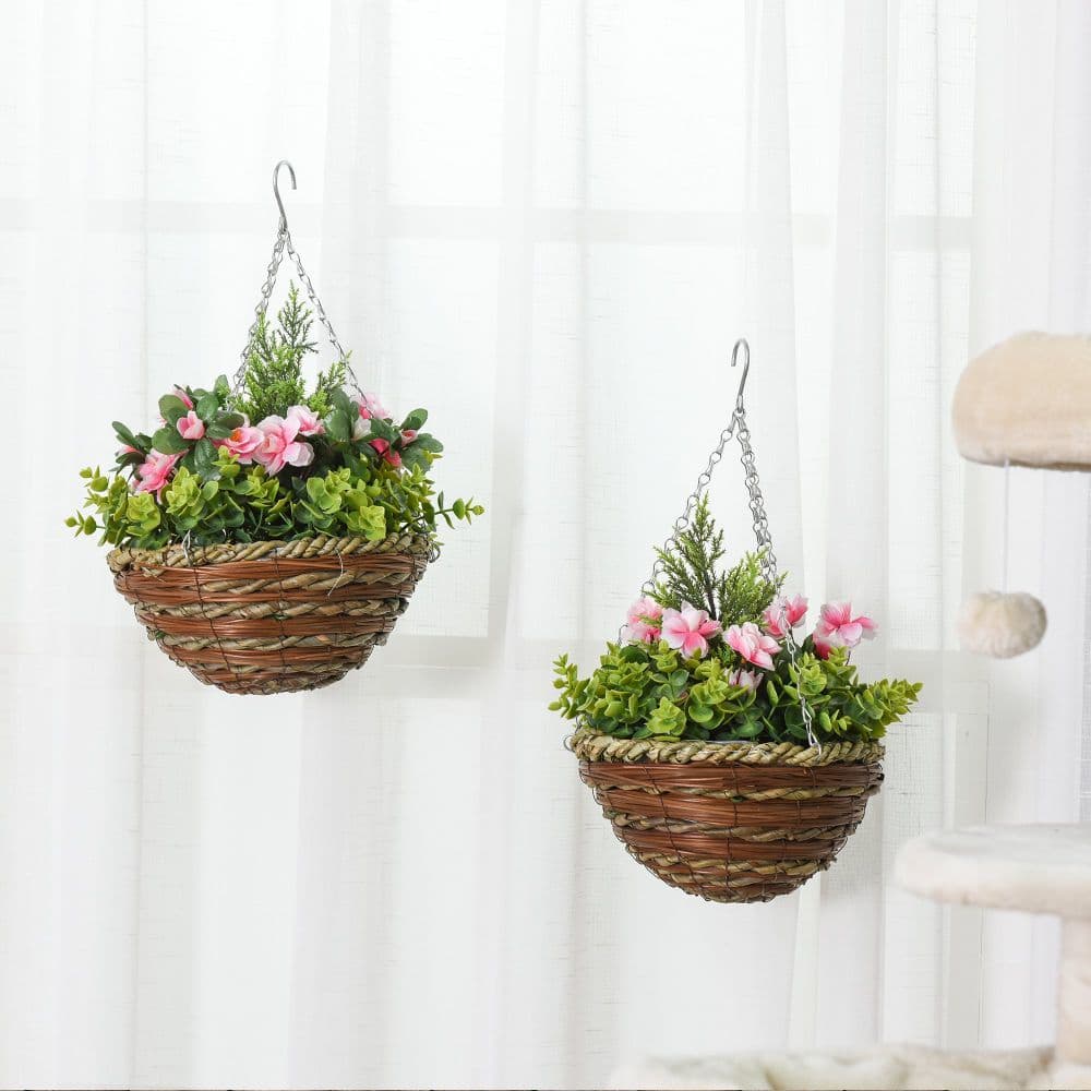 image-Pack of 2 Artificial Lisianthus Flowers Hanging Planter with Basket