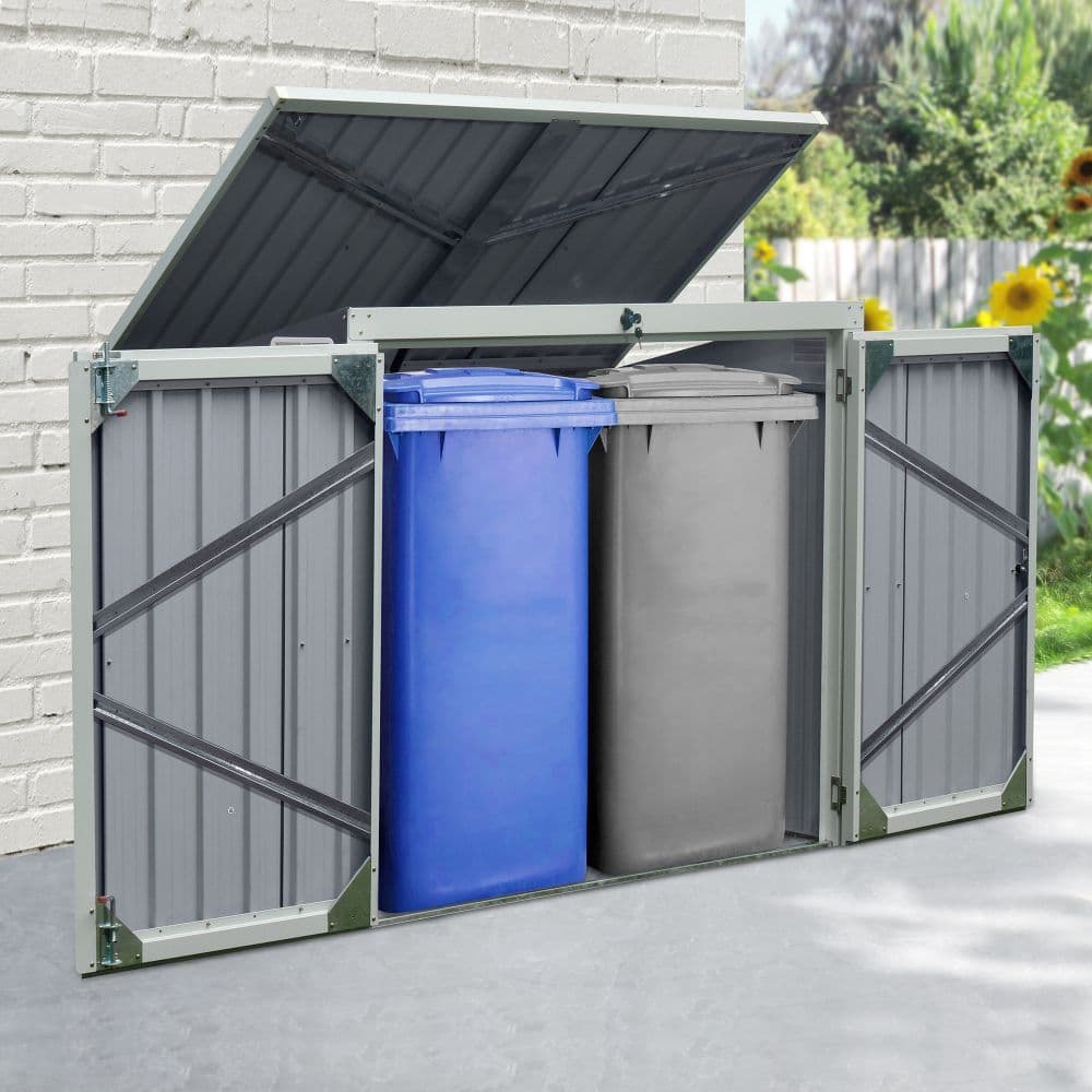 image-Steel Garden Storage Shed Double Door & Lid Dustbin Rubbish Cover 2 Trash Can