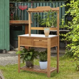 image-Wooden Garden Potting Table Storage Space Workstation Sink Shelves & Hooks