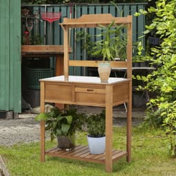image-Wooden Garden Potting Table Storage Space Workstation Sink Shelves & Hooks