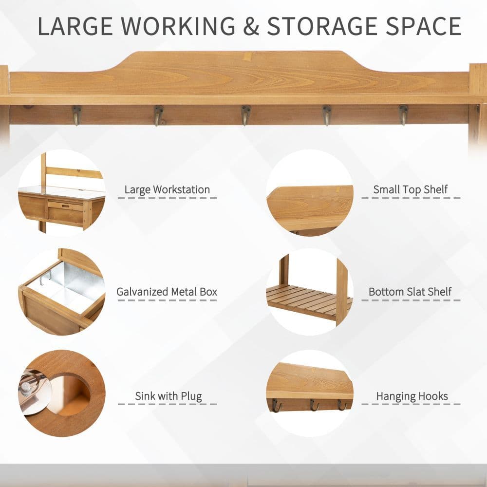 image-Wooden Garden Potting Table Storage Space Workstation Sink Shelves & Hooks