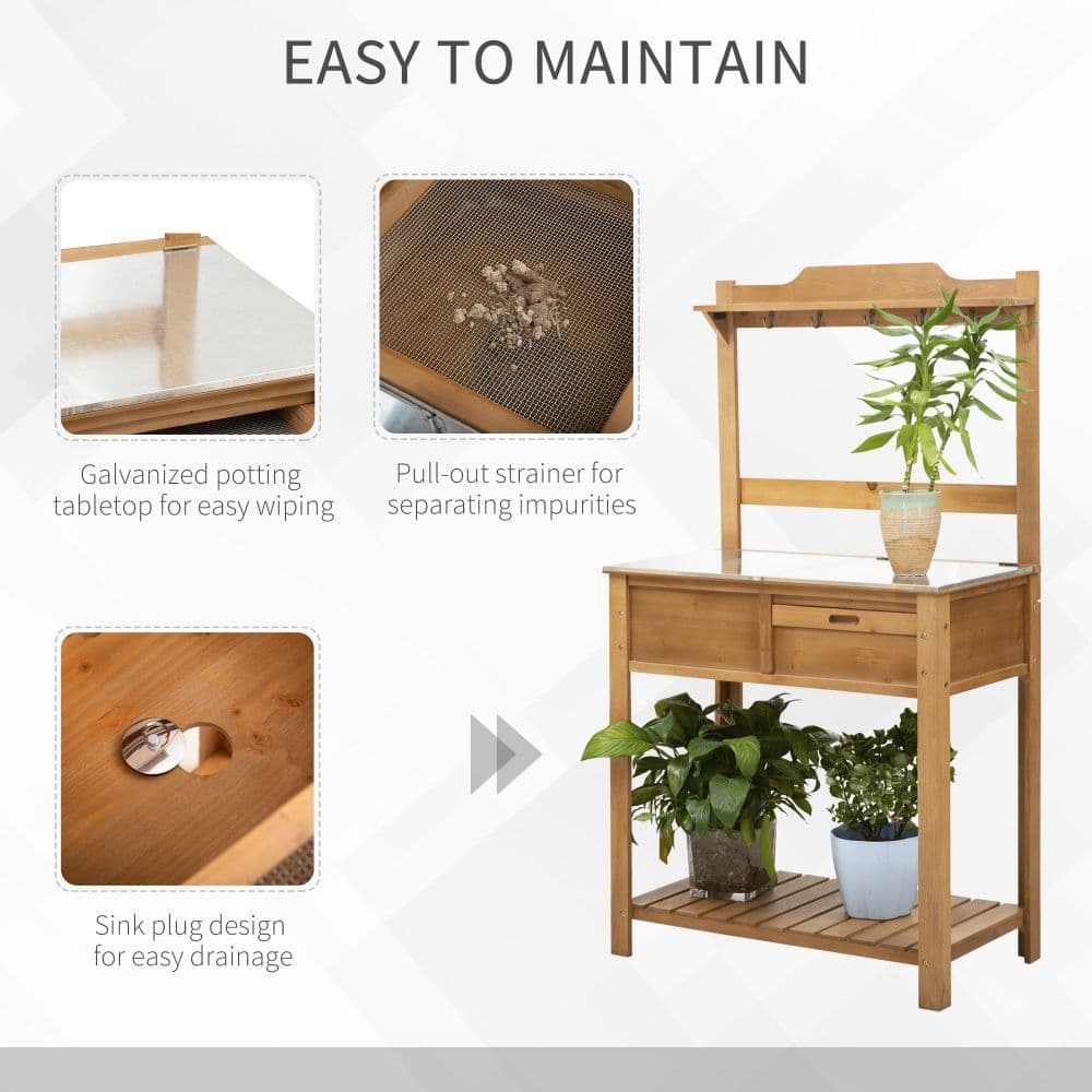 image-Wooden Garden Potting Table Storage Space Workstation Sink Shelves & Hooks