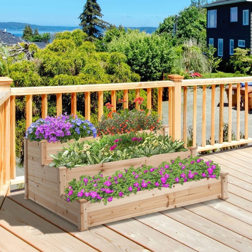 image-Wooden Raised Bed 3-Tier Planter Kit Elevated Plant Box 124x124x56cm