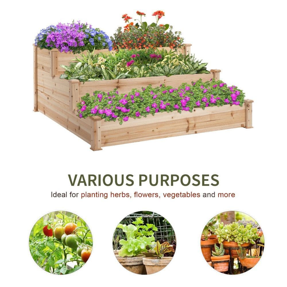 image-Wooden Raised Bed 3-Tier Planter Kit Elevated Plant Box 124x124x56cm