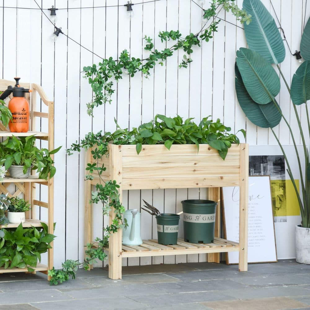 image-Wooden Raised Plant Stand Tall Flower Bed Box with Clapboard 100x40x84cm