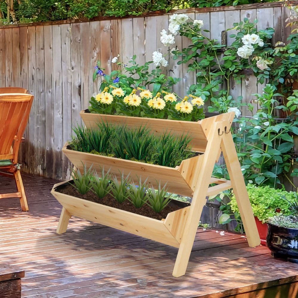 image-3 Tier Wooden Stand Vertical Plant Bed Storage & Clapboard & Hooks, 120x68x80cm