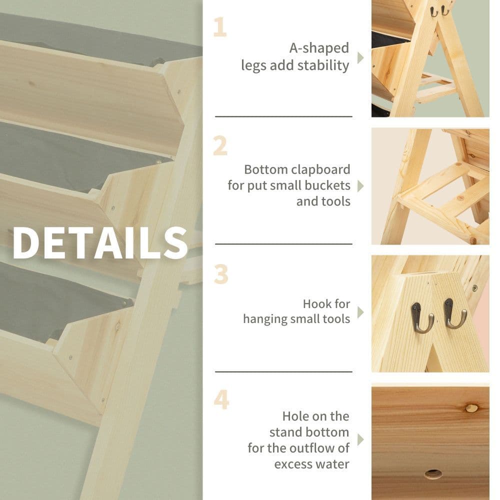 image-3 Tier Wooden Stand Vertical Plant Bed Storage & Clapboard & Hooks, 120x68x80cm