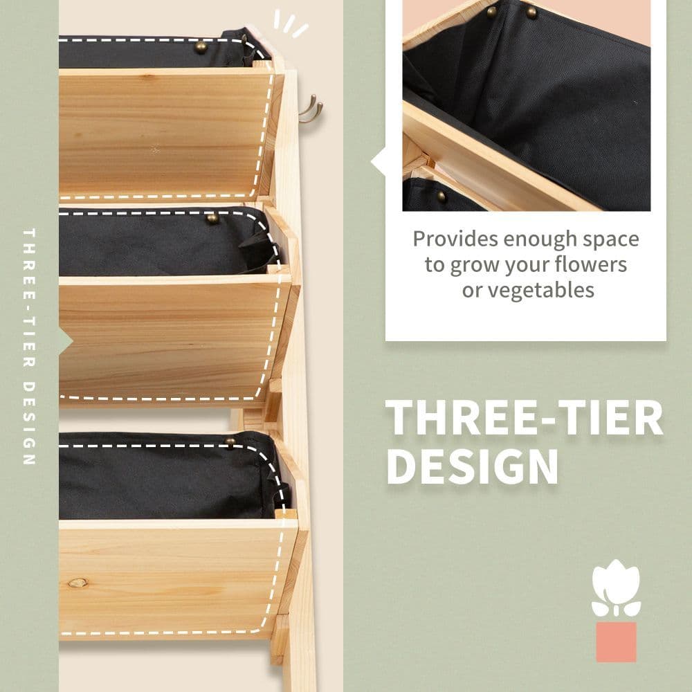 image-3 Tier Wooden Stand Vertical Plant Bed Storage & Clapboard & Hooks, 120x68x80cm