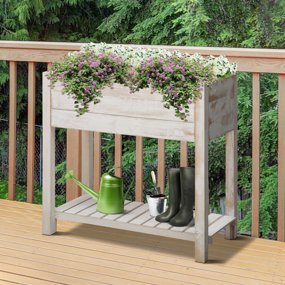 image-Raised Bed Elevated Wooden Planter Grow Box with 2 tiers, 4 Pockets White