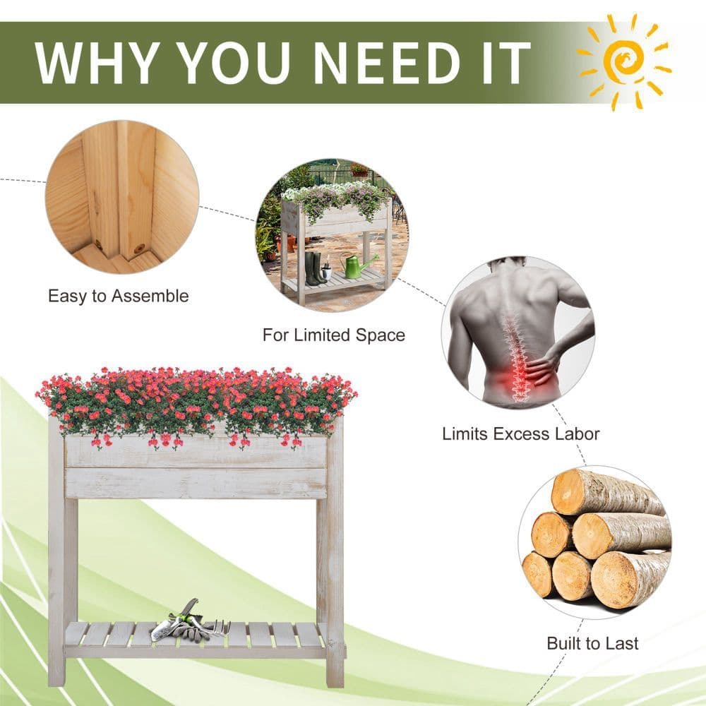 image-Raised Bed Elevated Wooden Planter Grow Box with 2 tiers, 4 Pockets White