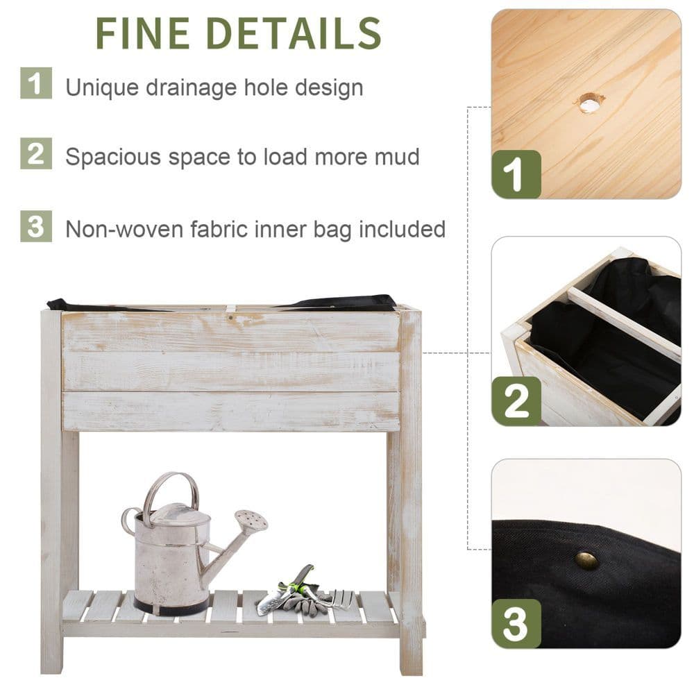 image-Raised Bed Elevated Wooden Planter Grow Box with 2 tiers, 4 Pockets White