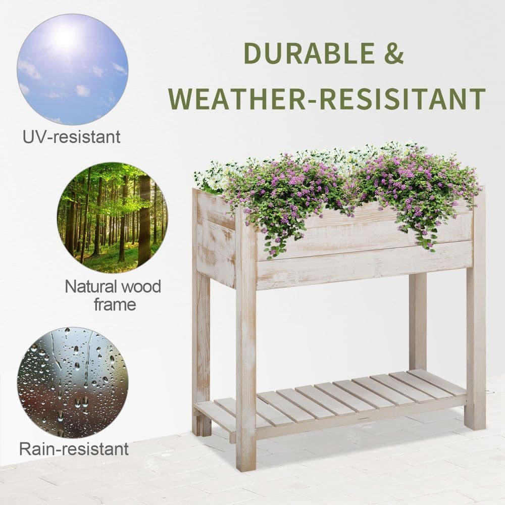 image-Raised Bed Elevated Wooden Planter Grow Box with 2 tiers, 4 Pockets White