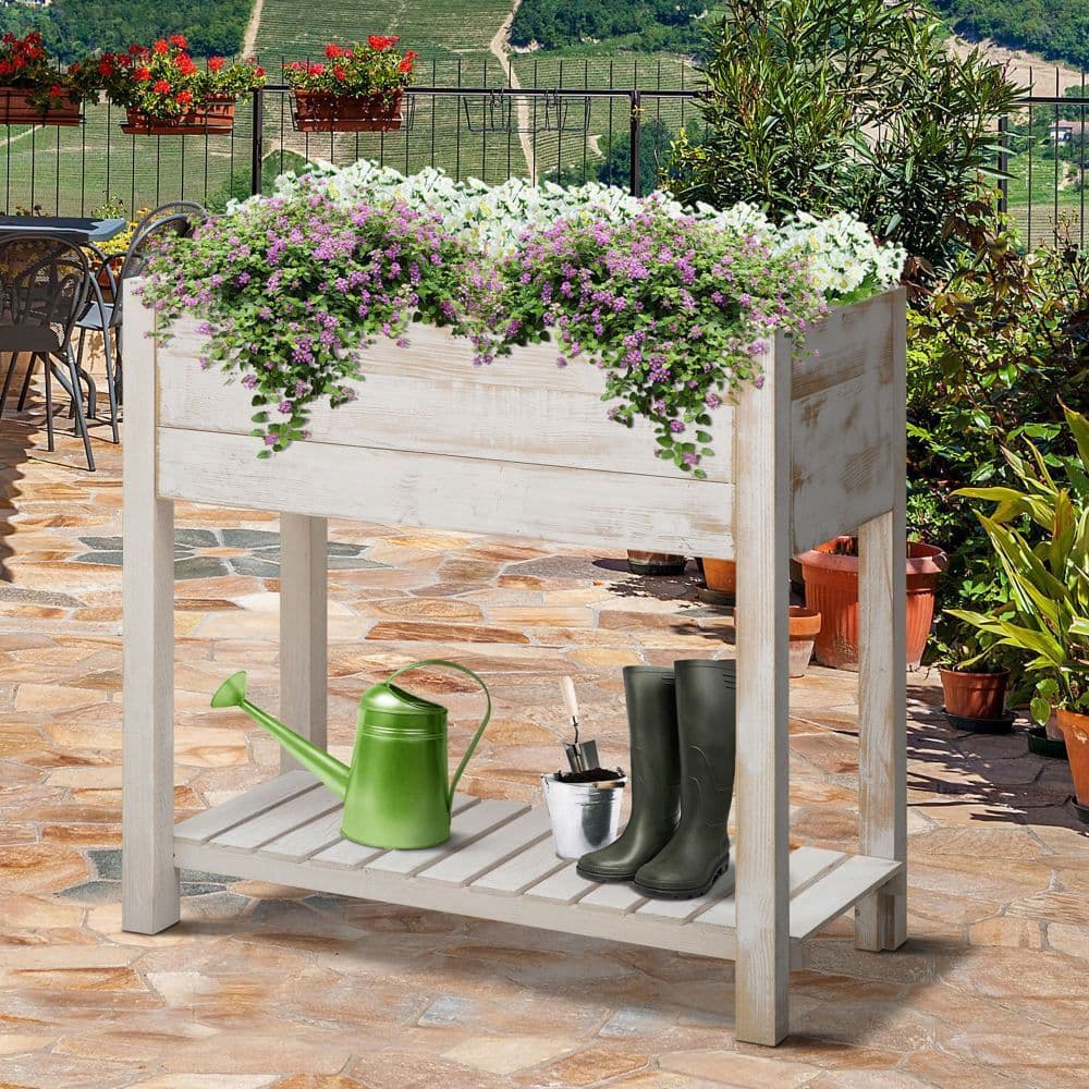 image-Raised Bed Elevated Wooden Planter Grow Box with 2 tiers, 4 Pockets White