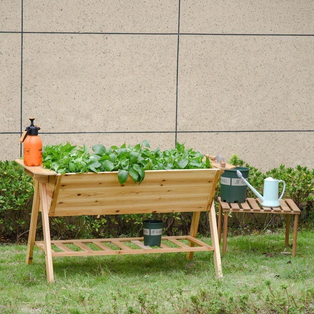 image-Free Standing Wooden Planter Garden Raised Bed with Storage Shelf Plates