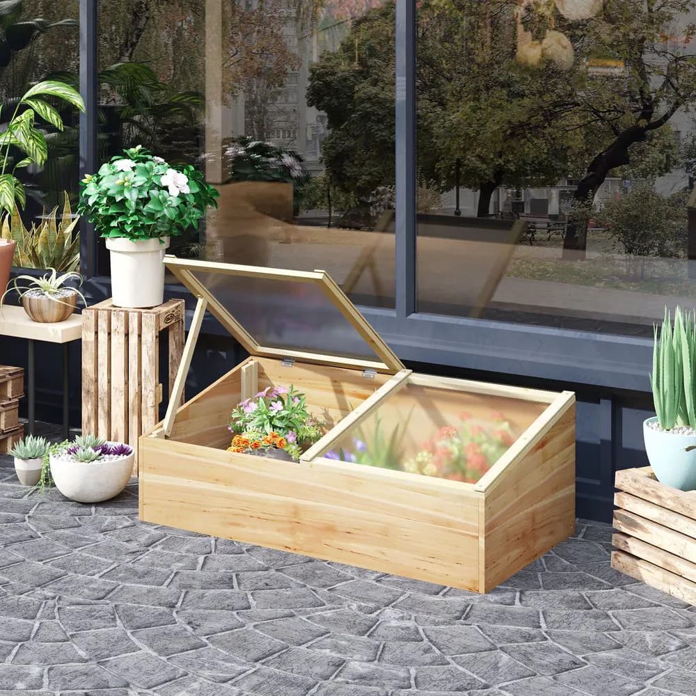 image-Wooden Cold Frame Greenhouse Grow House, 100 x 50 x 36 cm, Natural