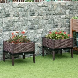 image-Set of 2 Raised Bed, Elevated Planter Box & Self-Watering Design & Drainage Holes