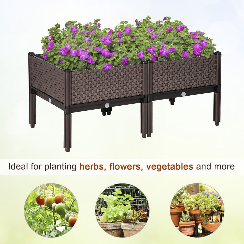image-Set of 2 Raised Bed, Elevated Planter Box & Self-Watering Design & Drainage Holes