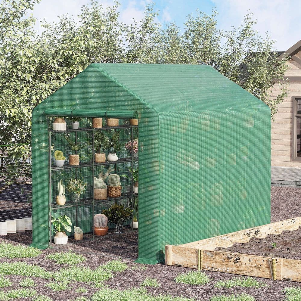 image-Poly Tunnel Steeple Walk in Greenhouse Removable Cover Shelves 244x180x210cm