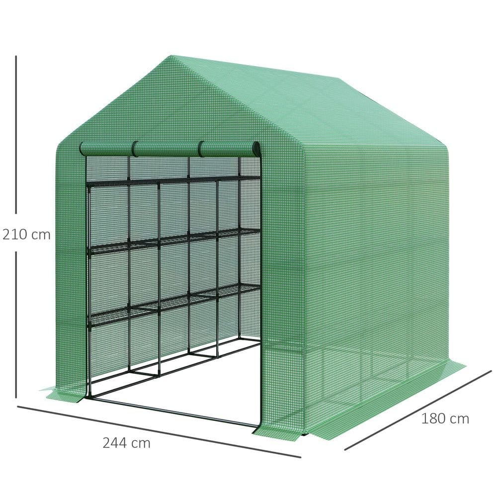 image-Poly Tunnel Steeple Walk in Greenhouse Removable Cover Shelves 244x180x210cm