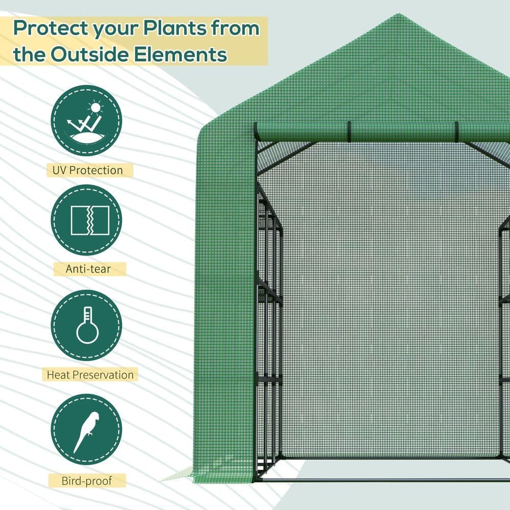 image-Poly Tunnel Steeple Walk in Greenhouse Removable Cover Shelves 244x180x210cm