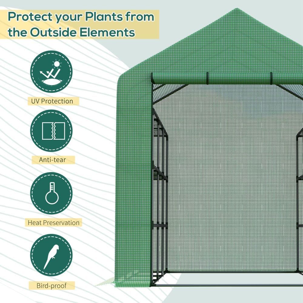 image-Poly Tunnel Steeple Walk in Greenhouse Removable Cover Shelves 244x180x210cm