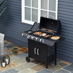 image-4+1 Gas BBQ Grill with Wheels, Steel-Black