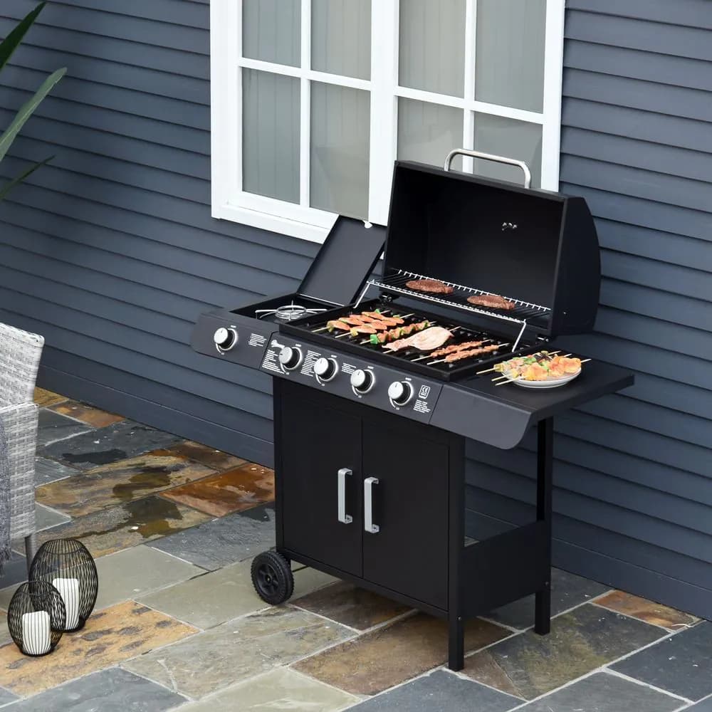 image-4+1 Gas BBQ Grill with Wheels, Steel-Black