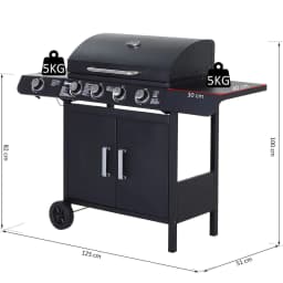 image-4+1 Gas BBQ Grill with Wheels, Steel-Black