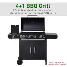 image-4+1 Gas BBQ Grill with Wheels, Steel-Black