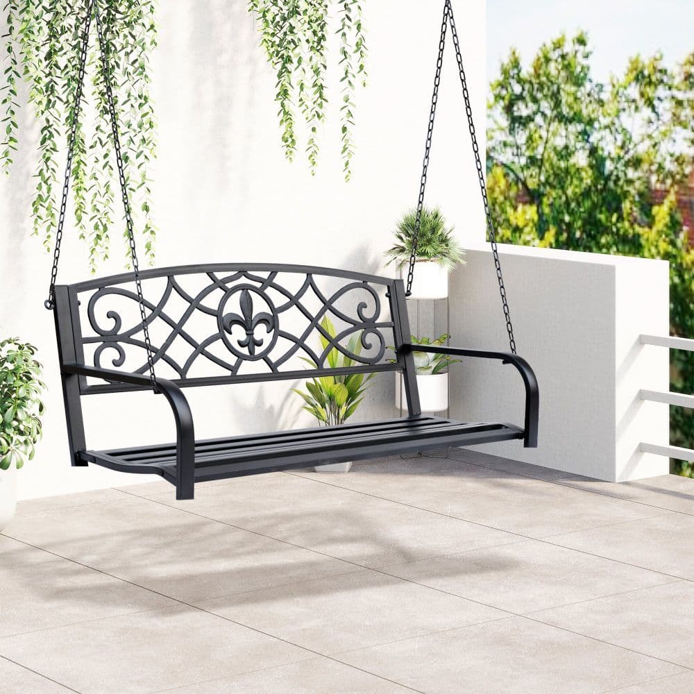image-Steel Fleur-de-Lis Design Porch Swing Seat Bench with Chains