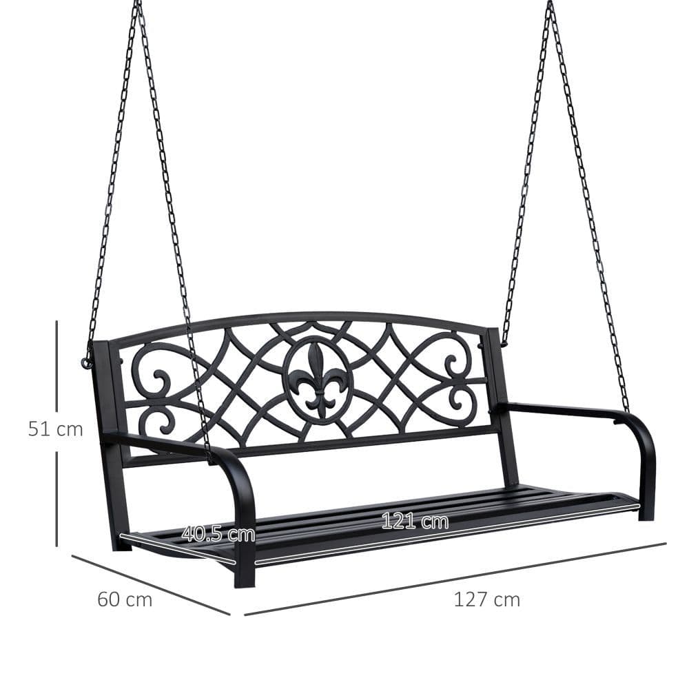 image-Steel Fleur-de-Lis Design Porch Swing Seat Bench with Chains