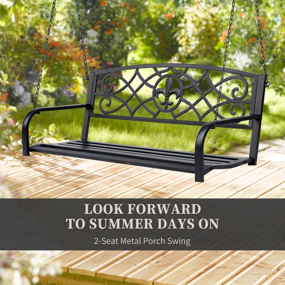 image-Steel Fleur-de-Lis Design Porch Swing Seat Bench with Chains